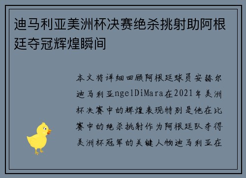 迪马利亚美洲杯决赛绝杀挑射助阿根廷夺冠辉煌瞬间 迪马利亚美洲杯决赛绝杀挑射助阿根廷夺冠辉煌瞬间